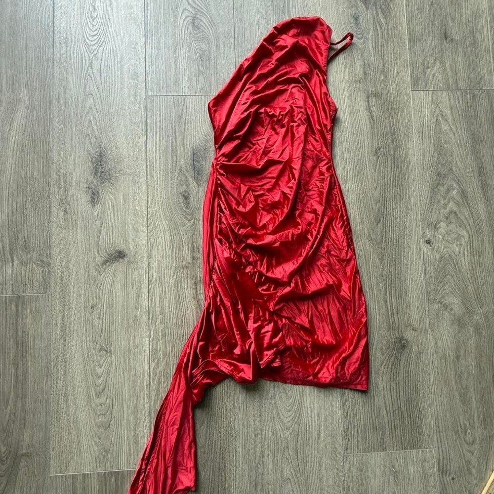 Red‎ One Shoulder Satin Dress Asymmetrical Medium